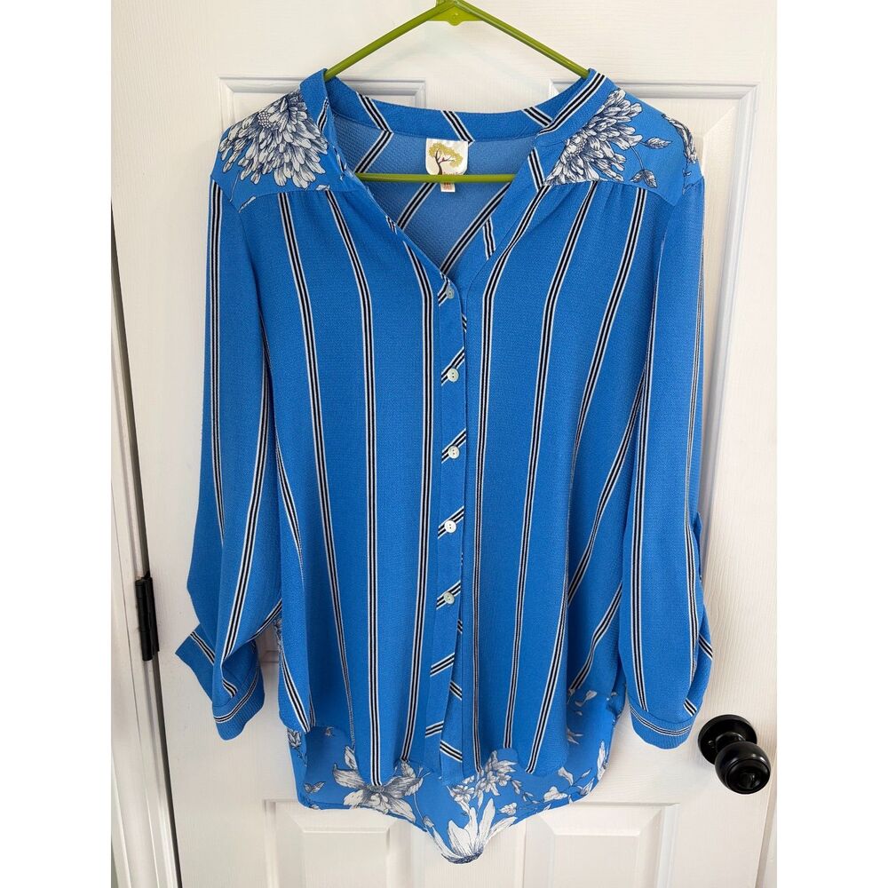 Fig & Flower Anthropologie Blue Floral Stripe Boho Lagenlook Blouse Size M